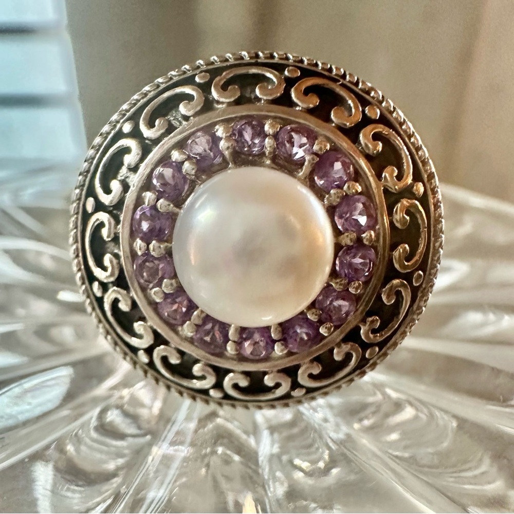 Vintage 925 Silver with Purple amethyst Pave’  & pearlRing with Intricate Design